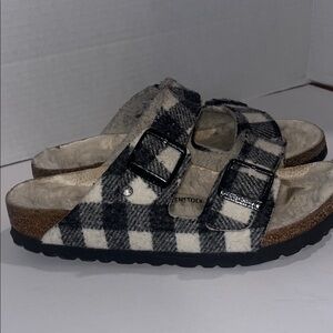Birkenstock Black & White Plaid Arizona Shearling Slide